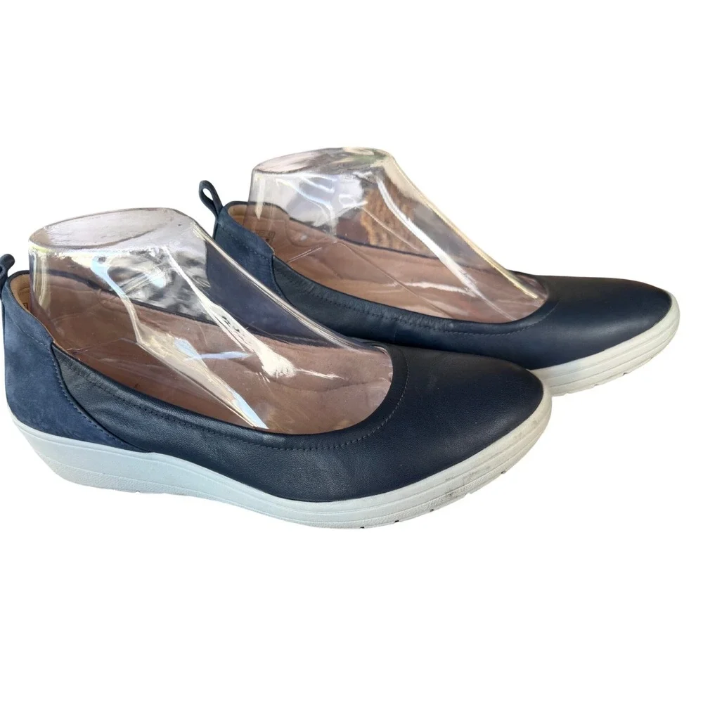 Vionic Jaycey Navy Blue Leather Slip‎ On wedge Orthotic Comfort Shoes pump Sz.7